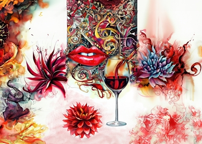 Flores, lábios, vinho