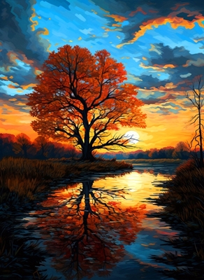 Uma árvore no outono à beira do lago