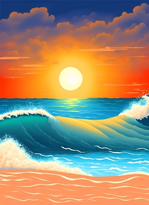 Solnedgang ved havets bølger