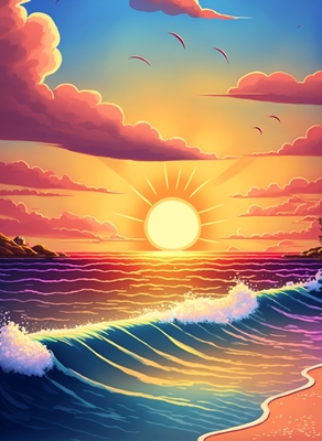 Solnedgång vid havets vågor