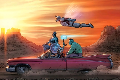 Héroes de Marvel en un coche de época