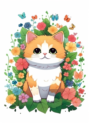 Cute Cat Animal with Flowers 