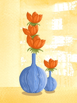 Red flowers in blue vases 