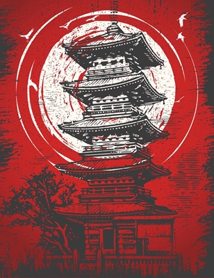 Fond rouge pagode japonaise