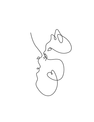 Girl Kissing Cat une ligne Art