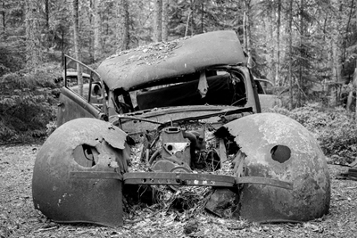 Złomowany samochód w lesie