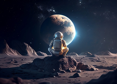 Astronautti istuu kuussa