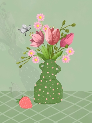 Pink flowers in green vase 