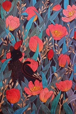 Černá kočka a tulipány