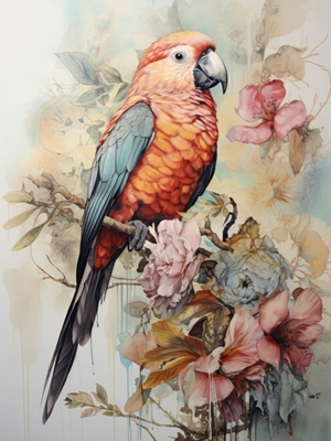 Colorful parrot with flowers