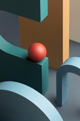 Punainen pallo ja abstraktit muodot