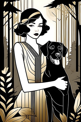 Ung kvinna med svart hund