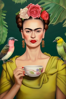 Frida drinking tea with birds