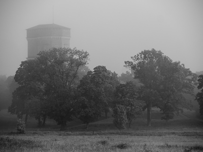 La tour gothique dans la brume matinale