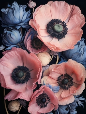 Blue Pink Black Flower Art