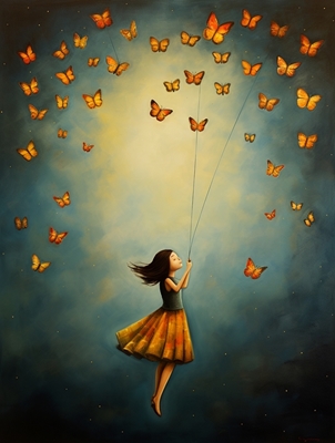 Flickan flyger med fjärilar