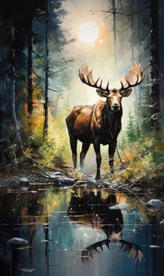 Moose in the forest oil paint