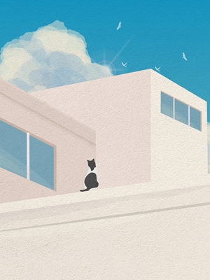 Kočka na střeše městské budovy