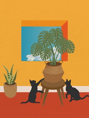 Silueta de dos gatos y plantas