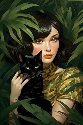 Flicka med svart katt