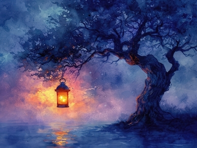 Lantern in Tree - Watercolor