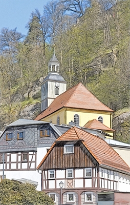 Church and half-timbered hous