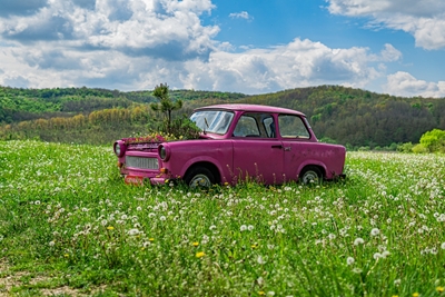 Old pink car in Hungary.