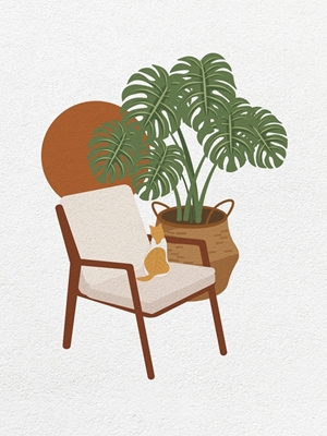 Katze auf Stuhl mit Pflanze