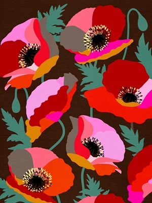 Bold Poppies Floral on Brown 