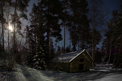 Small cabin in the moonlight