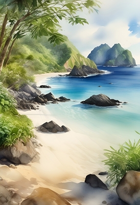 Beach on the island, watercolo