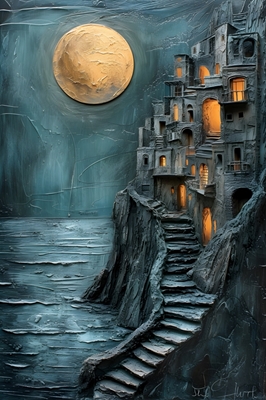 Ciudad iluminada por la luna tallada en piedra