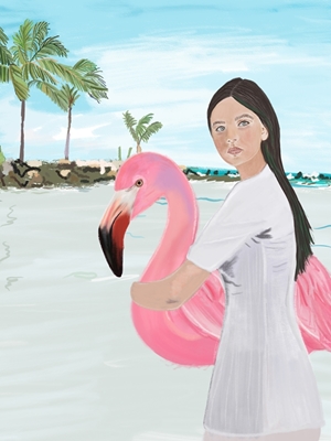 Flamingo og jente på Aruba-stranden