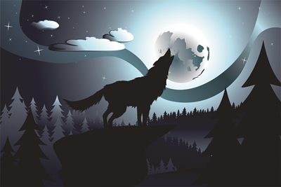 wolves under blue full moon