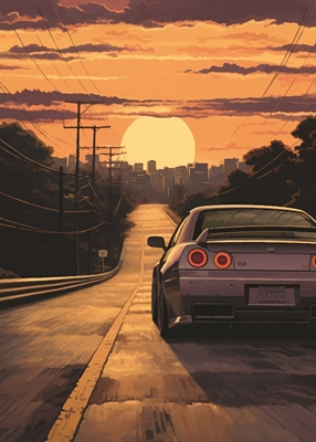 Kjører Nissan ved solnedgang