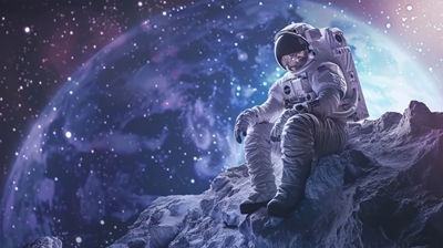 Astronautti istuu meteoriitin päällä