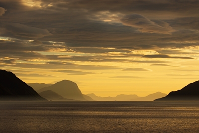 Fjord i solnedgang