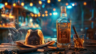 bottle of whiskey with cigars