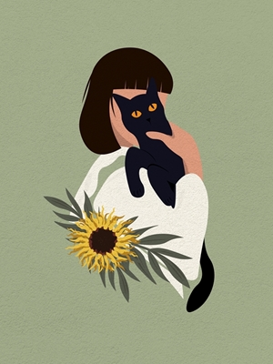 Femme tenant un chat noir