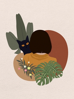 Katt och flicka bakom växter