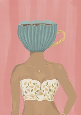 Femme avec une tasse de café comme tête