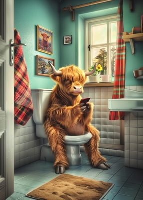 Vache Highland sur les toilettes