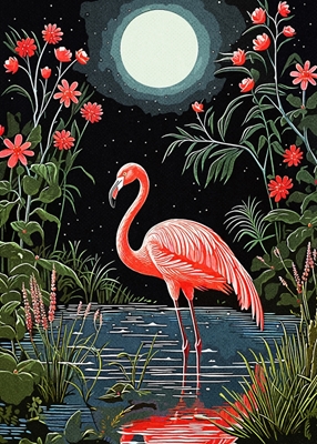Flamingo In The Moonlit Night