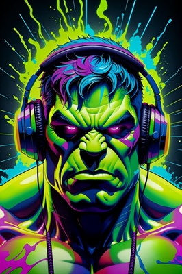 Hulk in headphones, neon