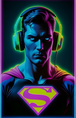 Superman in headphones, neon