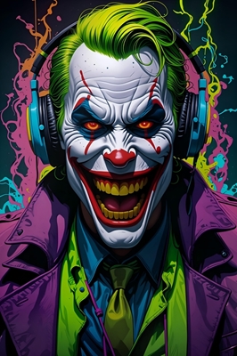 Jokeri kuuntelee musiikkia korvassa.