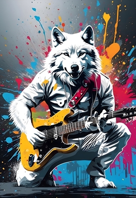 De witte wolf speelt gitaar,