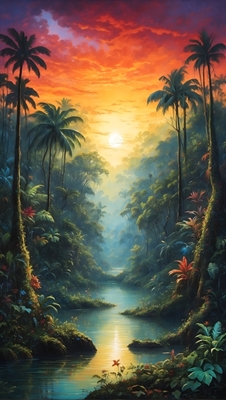 Solnedgång i djungeln