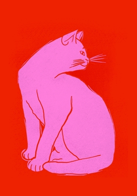 Lyserød kat på rødt