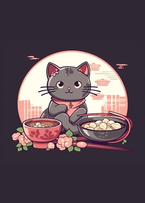 Gato kawaii comiendo ramen
